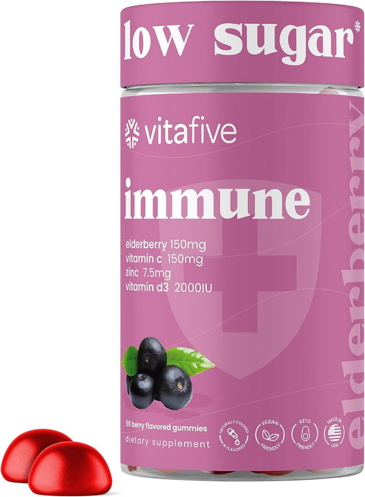Elderberry Gummies with Vitamin C and Zinc for Adults - Vegan Immune Support with Low Sugar - Allergen Free (50 Ct) - BoostGo Australia