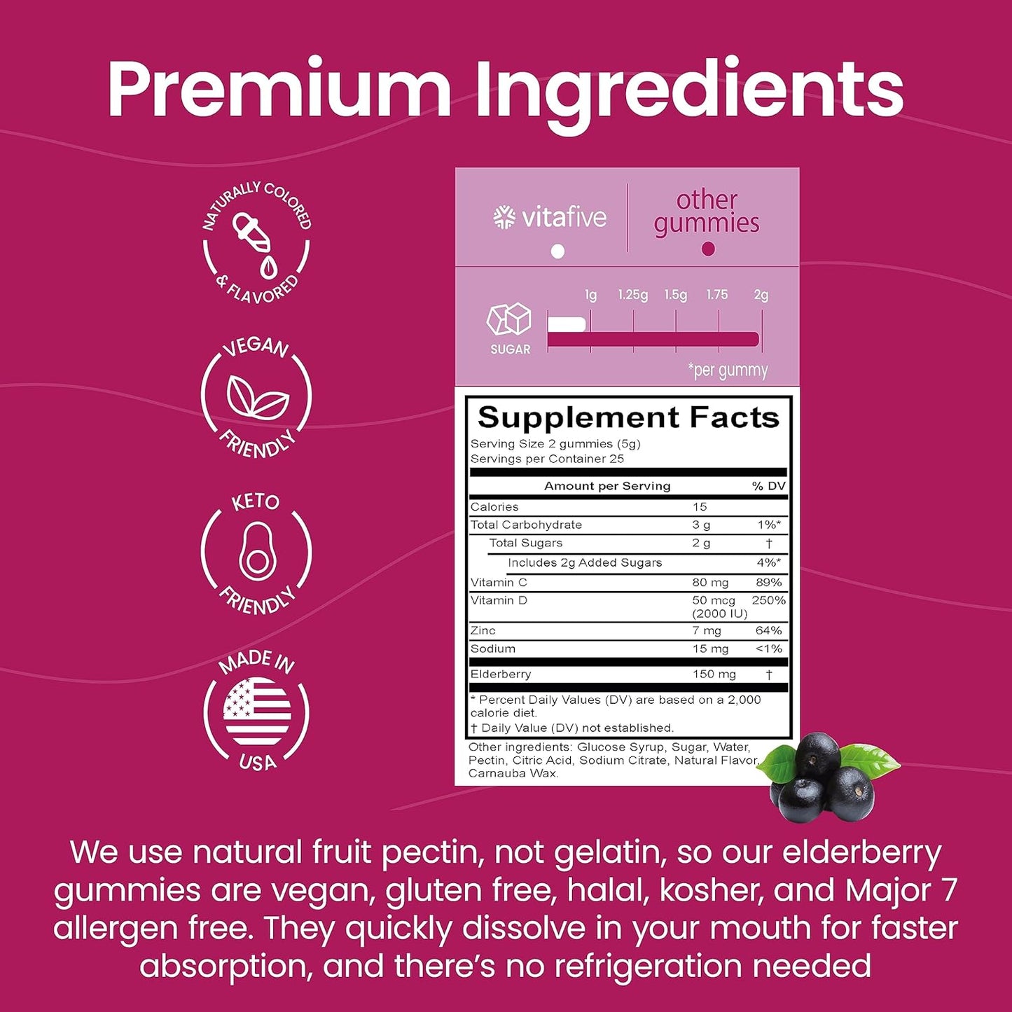 Elderberry Gummies with Vitamin C and Zinc for Adults - Vegan Immune Support with Low Sugar - Allergen Free (50 Ct) - BoostGo Australia
