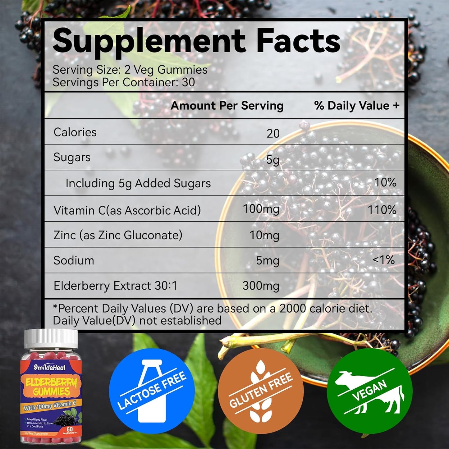 Elderberry Gummies with Vitamin C and Zinc for Immune Support - 300mg Elderberry Extract, Strawberry Flavor, Non-GMO, Gluten-Free, Vegan - 120 Gummies