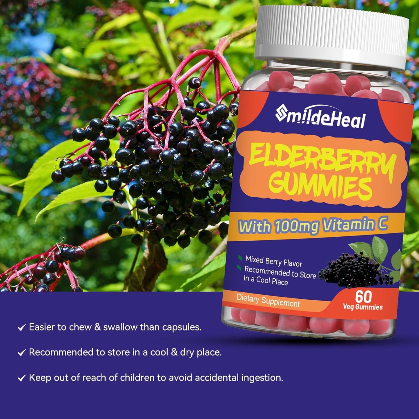 Elderberry Gummies with Vitamin C and Zinc for Immune Support - 300mg Elderberry Extract, Strawberry Flavor, Non-GMO, Gluten-Free, Vegan - 120 Gummies
