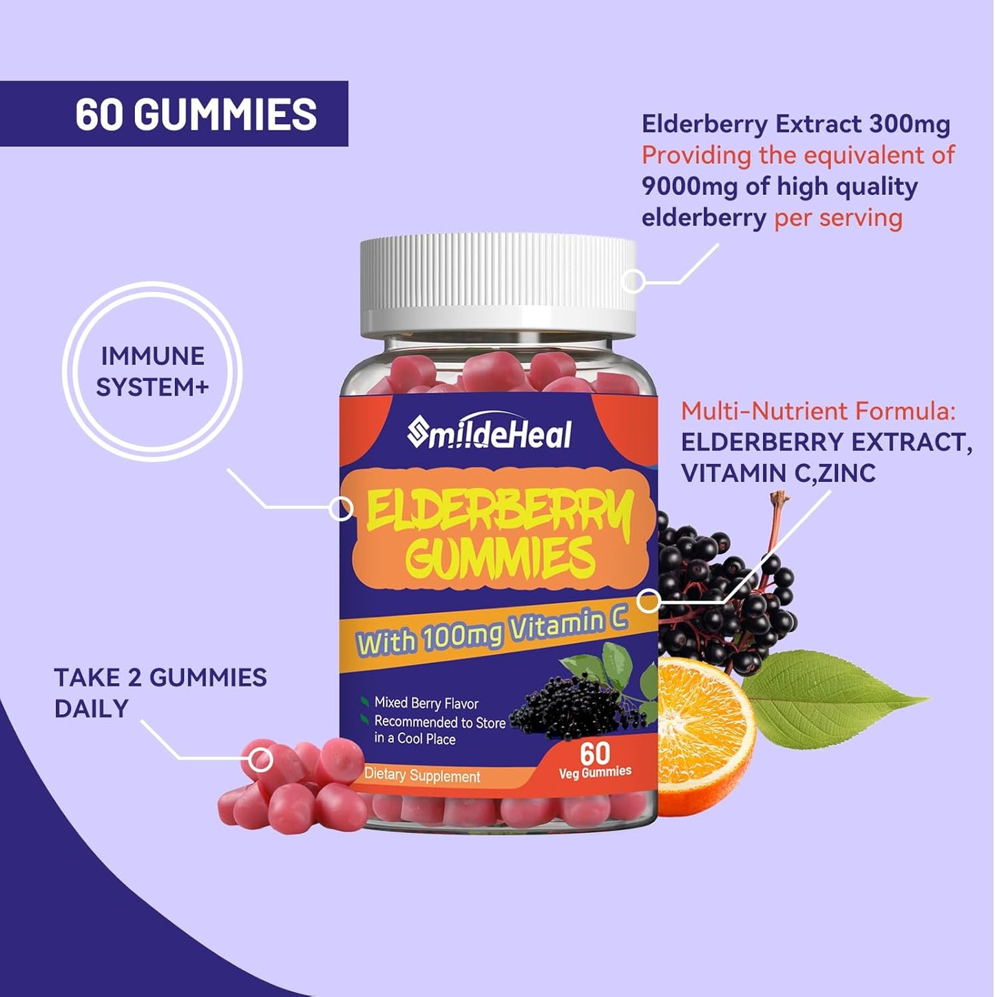 Elderberry Gummies with Vitamin C and Zinc for Immune Support - 300mg Elderberry Extract, Strawberry Flavor, Non-GMO, Gluten-Free, Vegan - 120 Gummies