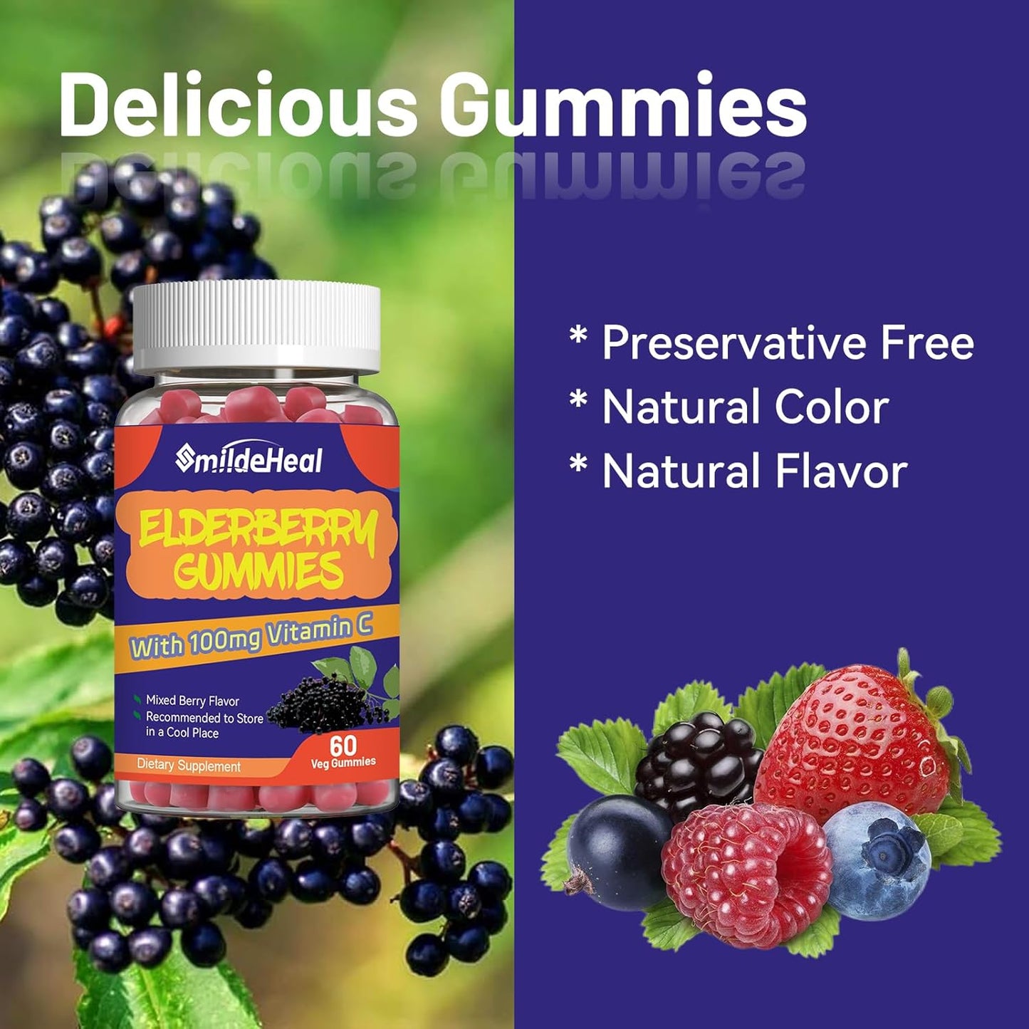 Elderberry Gummies with Vitamin C and Zinc for Immune Support - 300mg Elderberry Extract, Strawberry Flavor, Non-GMO, Gluten-Free, Vegan - 120 Gummies