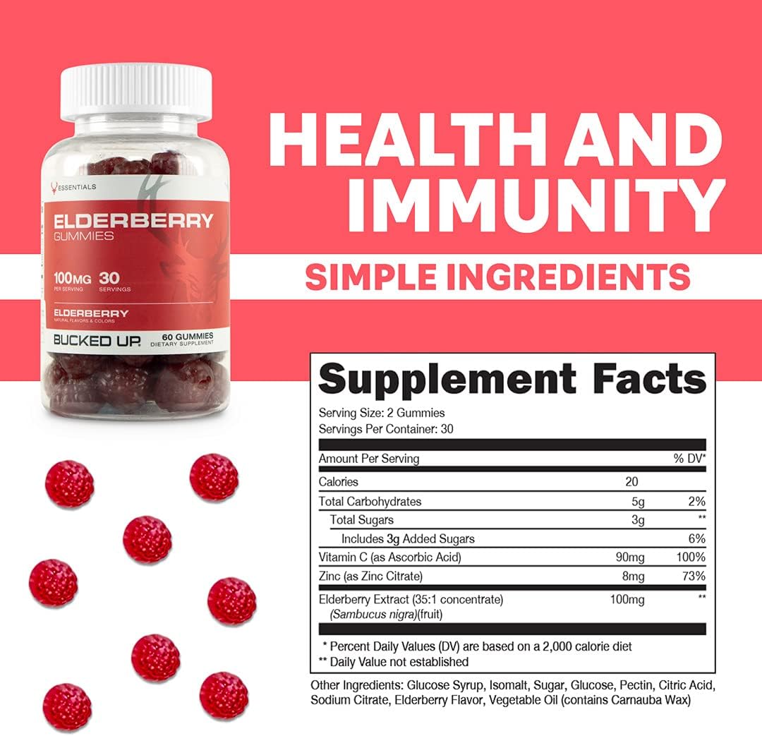 Elderberry Gummies with Zinc and Vitamin C - 60 Gummies, 100mg - Boost Your Immune System!