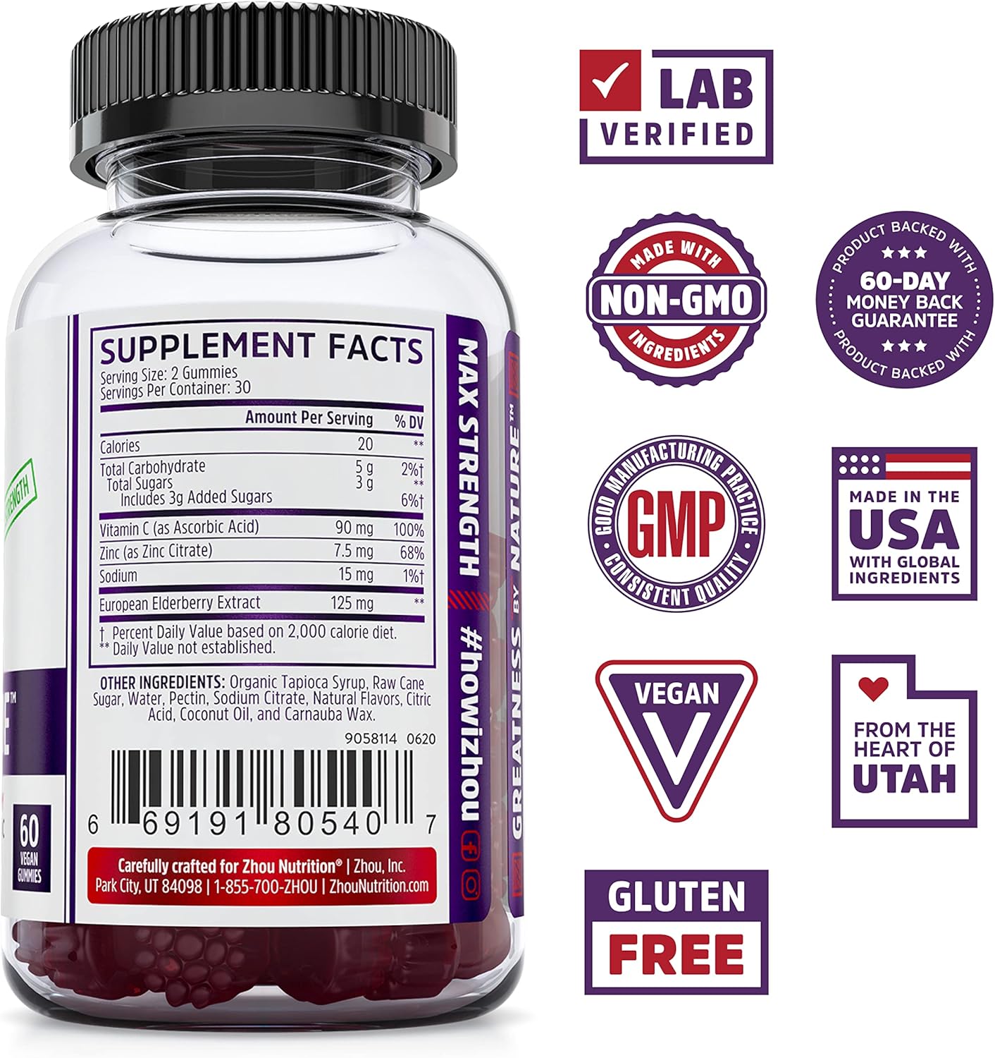 Elderberry Gummies with Zinc for Immune Health and Antioxidant Support - 60 Gummies with 30mg Zinc
