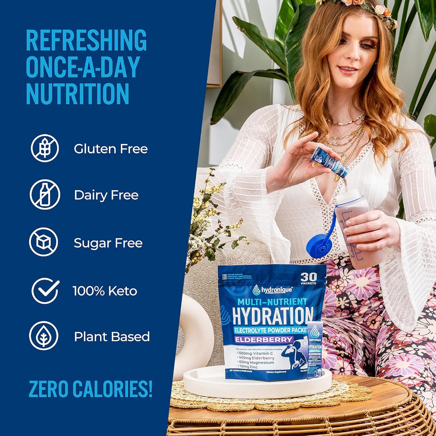 Elderberry Hydration Packets with Low Sodium Electrolytes - Hydronique Unique Formula with Vitamins, Minerals, and Antioxidants (30 Packs)