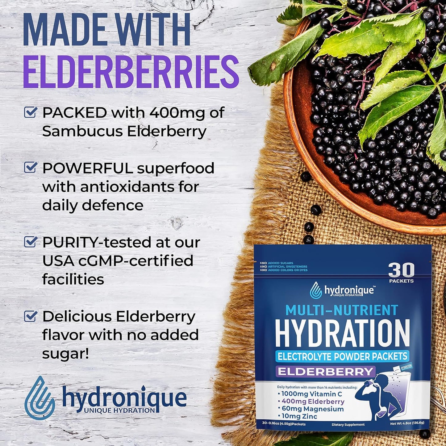 Elderberry Hydration Packets with Low Sodium Electrolytes - Hydronique Unique Formula with Vitamins, Minerals, and Antioxidants (30 Packs)