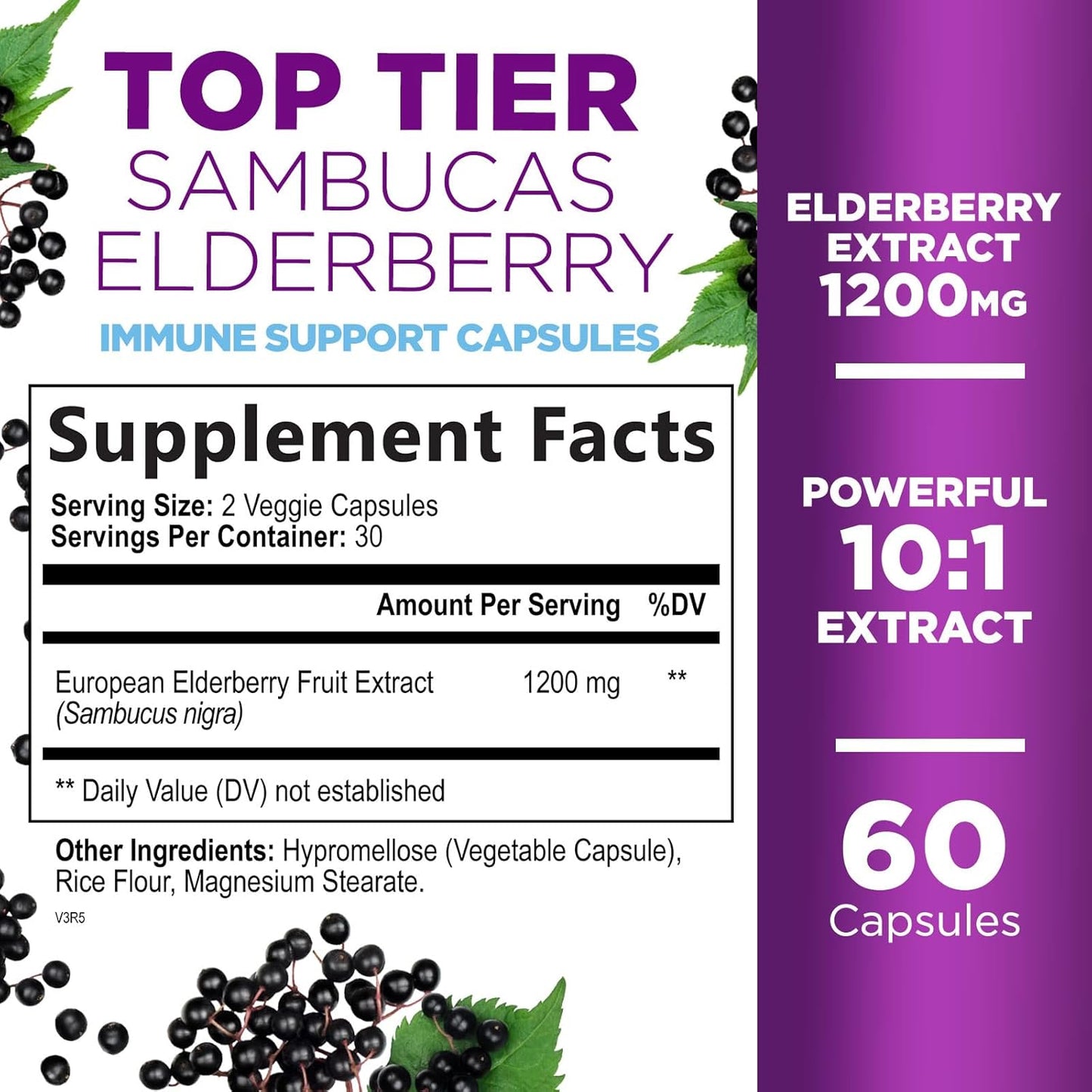 Elderberry Immune Support Capsules - Natural Sambucus Black Elderberry Antioxidant Supplement for Adults - Vegan, Sugar & Gluten Free - 60 Capsules