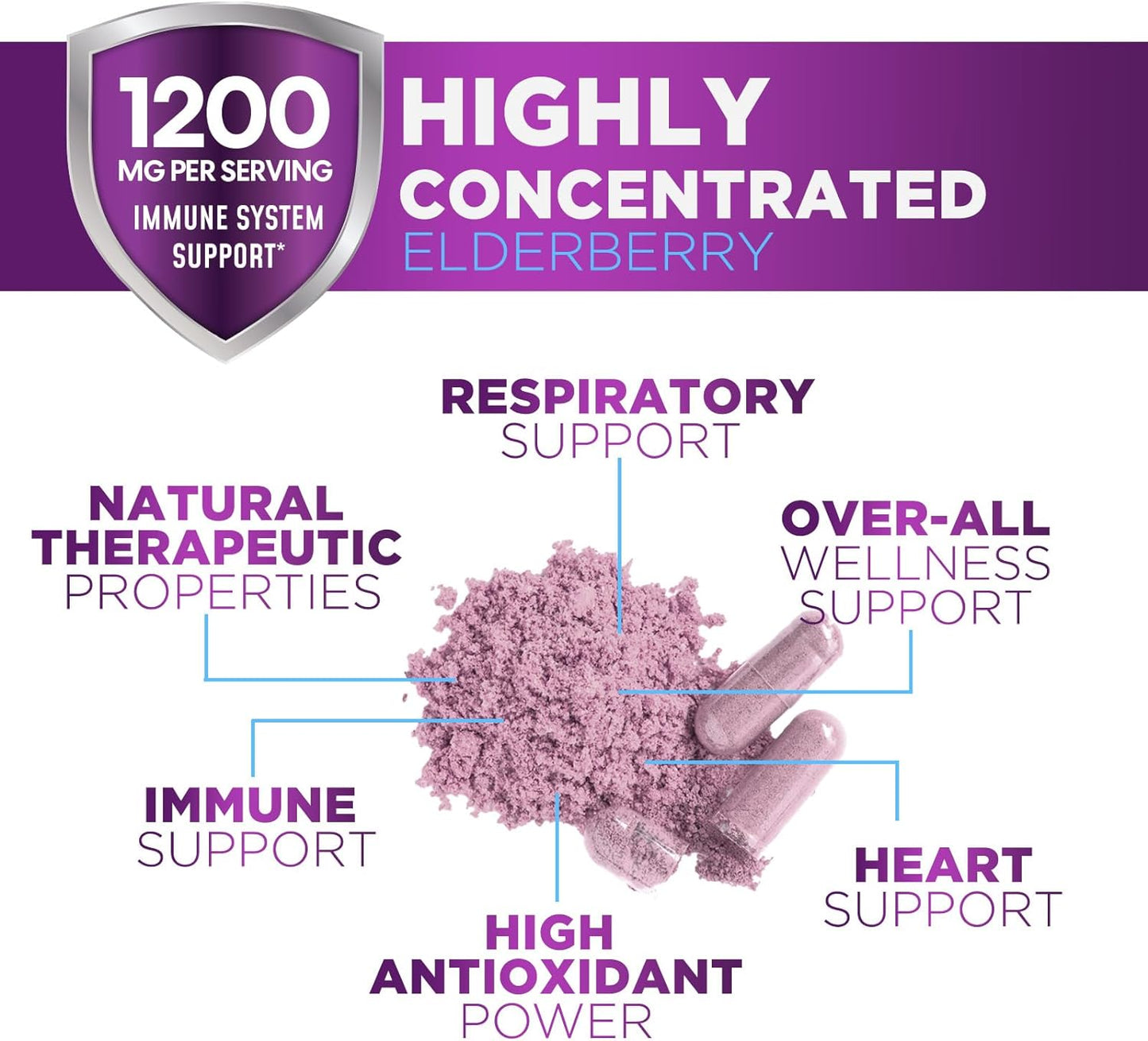 Elderberry Immune Support Capsules - Natural Sambucus Black Elderberry Antioxidant Supplement for Adults - Vegan, Sugar & Gluten Free - 60 Capsules