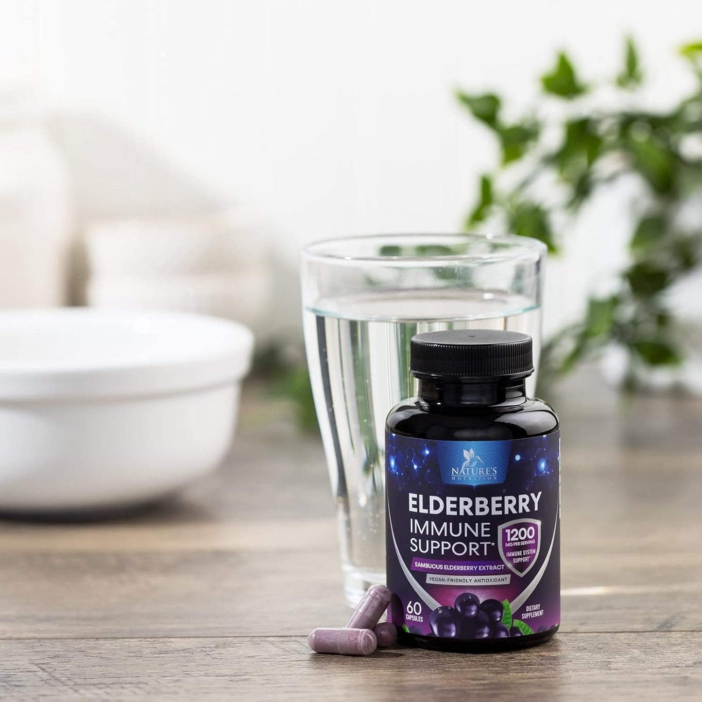 Elderberry Immune Support Capsules - Natural Sambucus Black Elderberry Antioxidant Supplement for Adults - Vegan, Sugar & Gluten Free - 60 Capsules