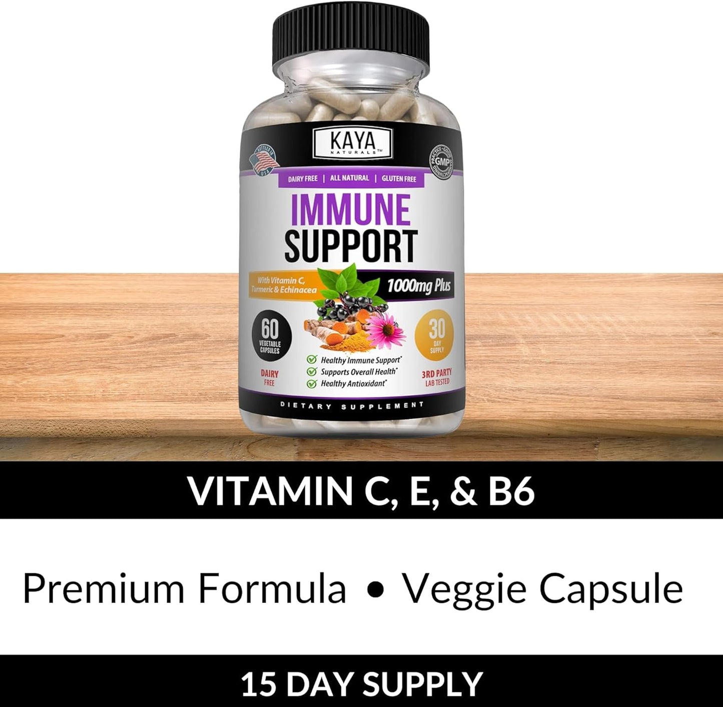 Elderberry Immune Support Capsules with Zinc, Vitamin C, Probiotics, and Turmeric - 60 Count