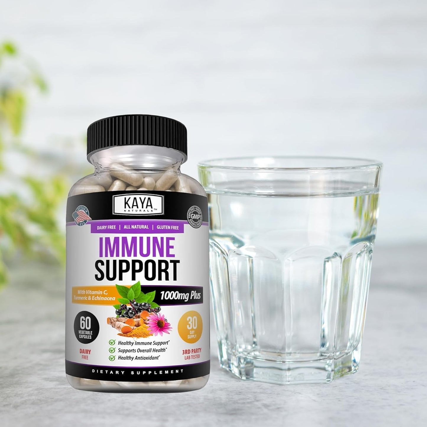 Elderberry Immune Support Capsules with Zinc, Vitamin C, Probiotics, and Turmeric - 60 Count