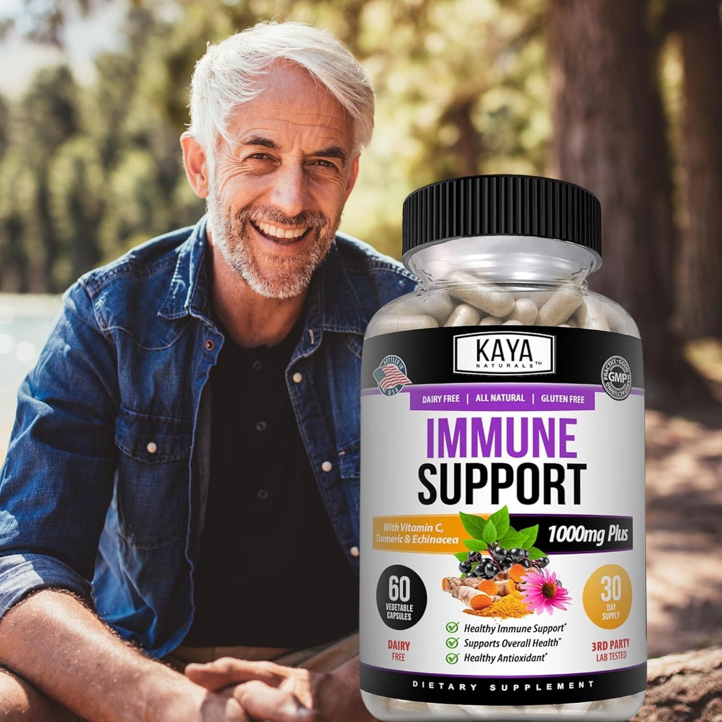 Elderberry Immune Support Capsules with Zinc, Vitamin C, Probiotics, and Turmeric - 60 Count