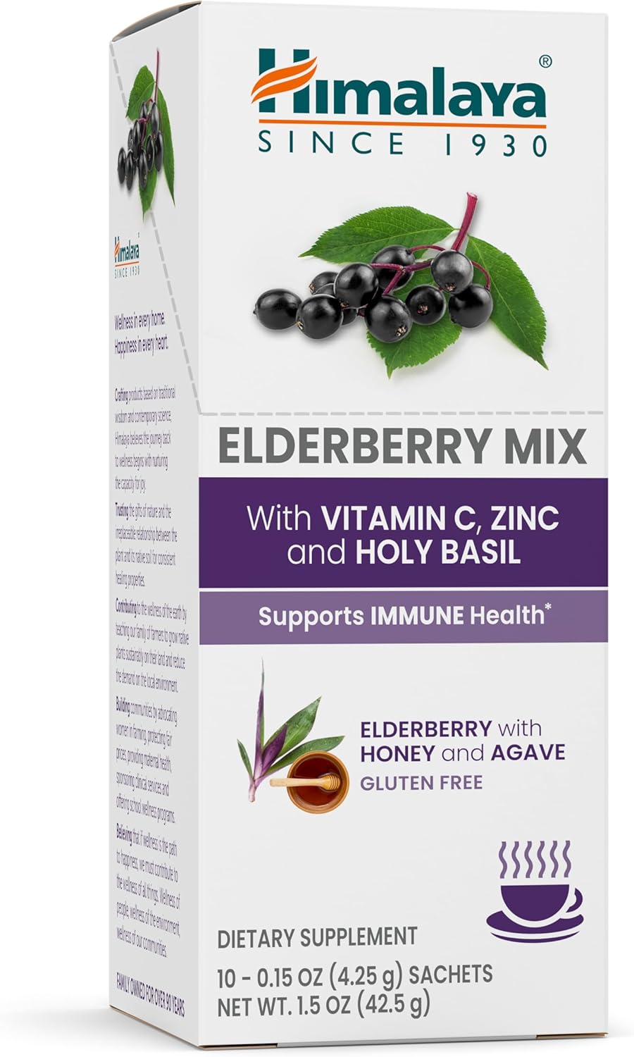 Elderberry Immune Support Mix with Zinc, Vitamin C, and Holy Basil - Caffeine Free Drink Supplement, 10 Packets, Gluten Free