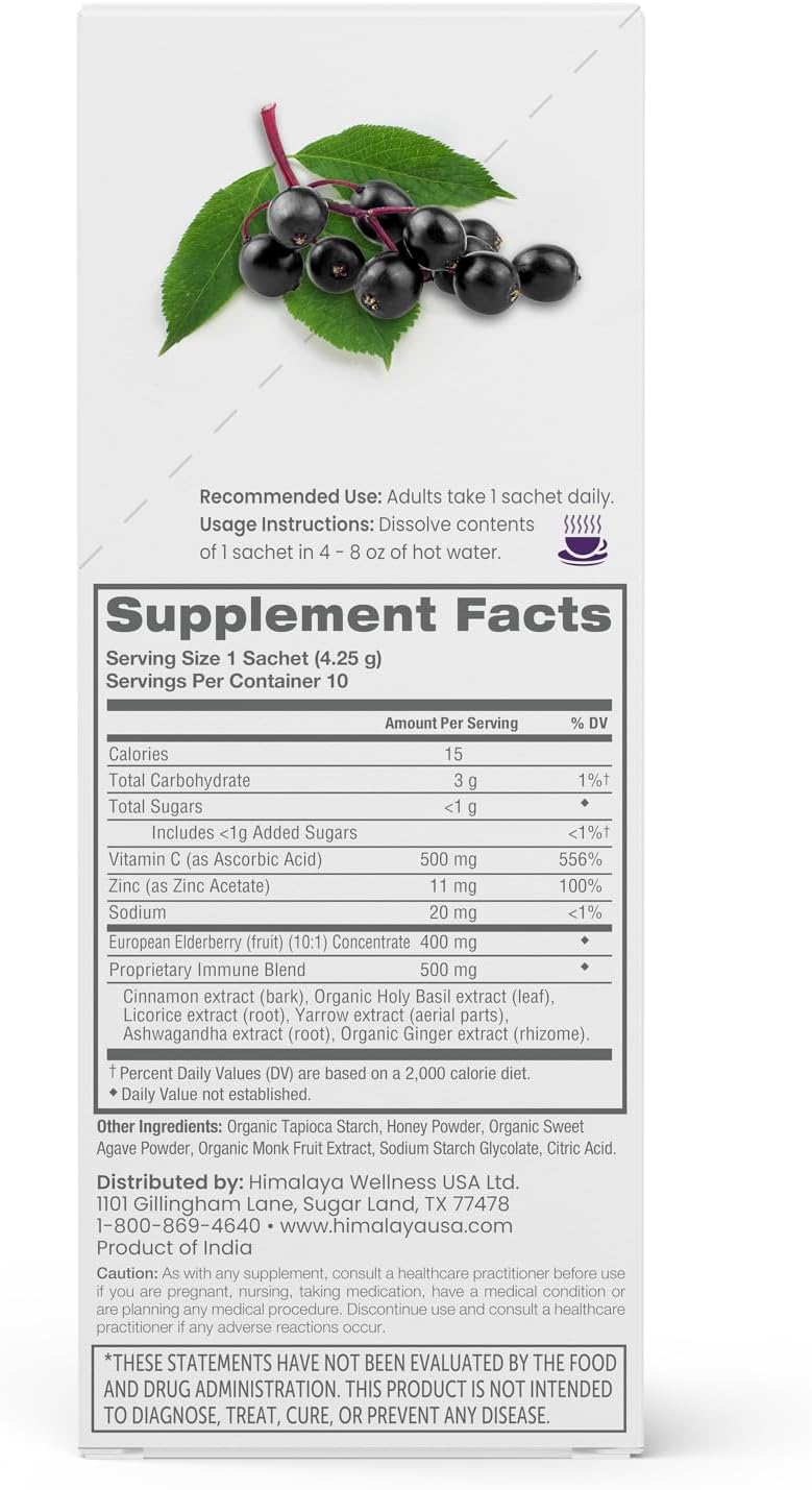 Elderberry Immune Support Mix with Zinc, Vitamin C, and Holy Basil - Caffeine Free Drink Supplement, 10 Packets, Gluten Free