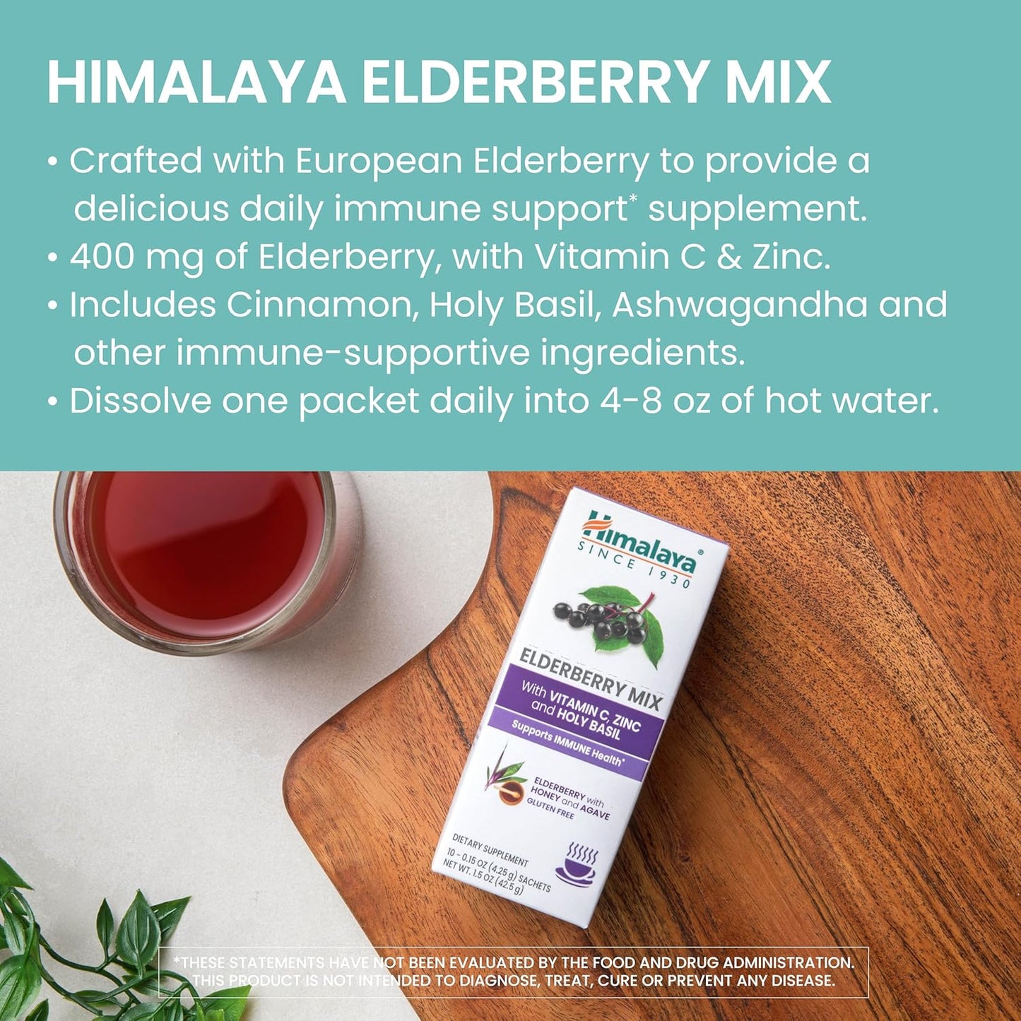 Elderberry Immune Support Mix with Zinc, Vitamin C, and Holy Basil - Caffeine Free Drink Supplement, 10 Packets, Gluten Free