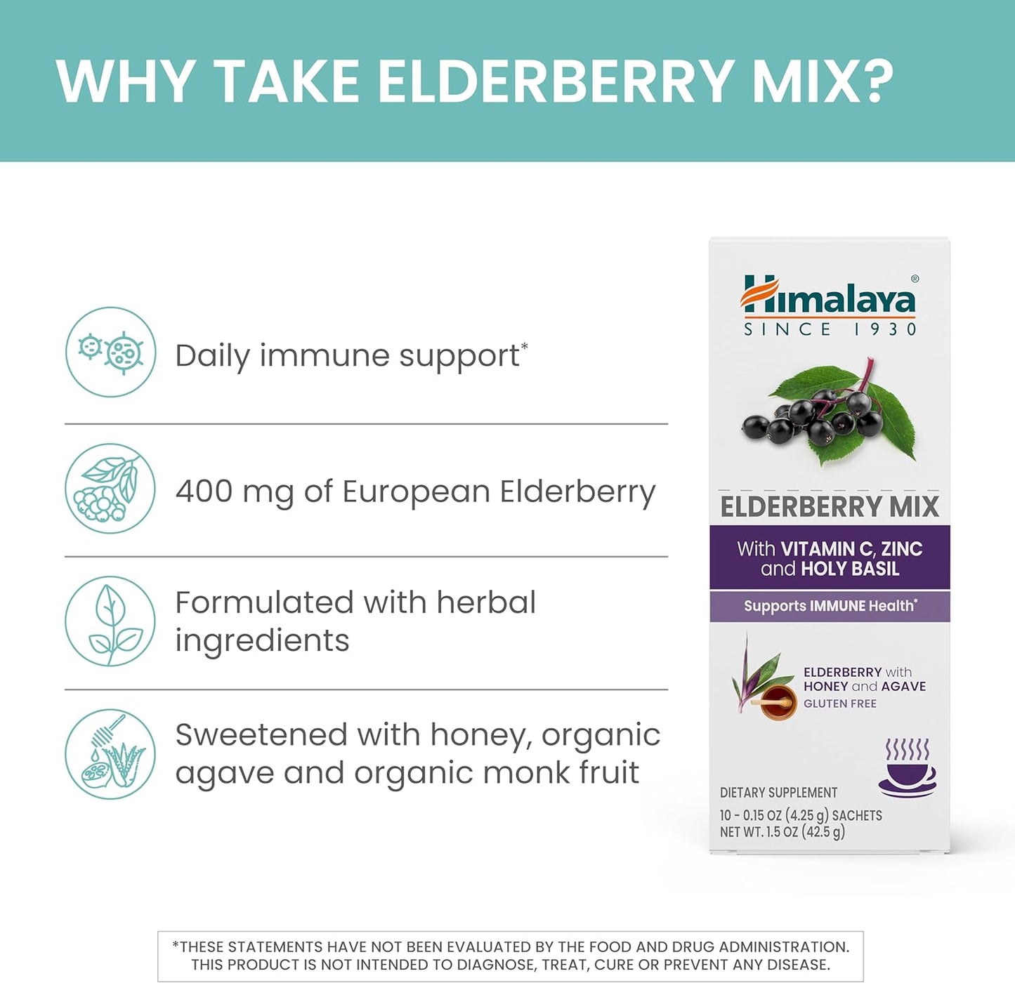 Elderberry Immune Support Mix with Zinc, Vitamin C, and Holy Basil - Caffeine Free Drink Supplement, 10 Packets, Gluten Free