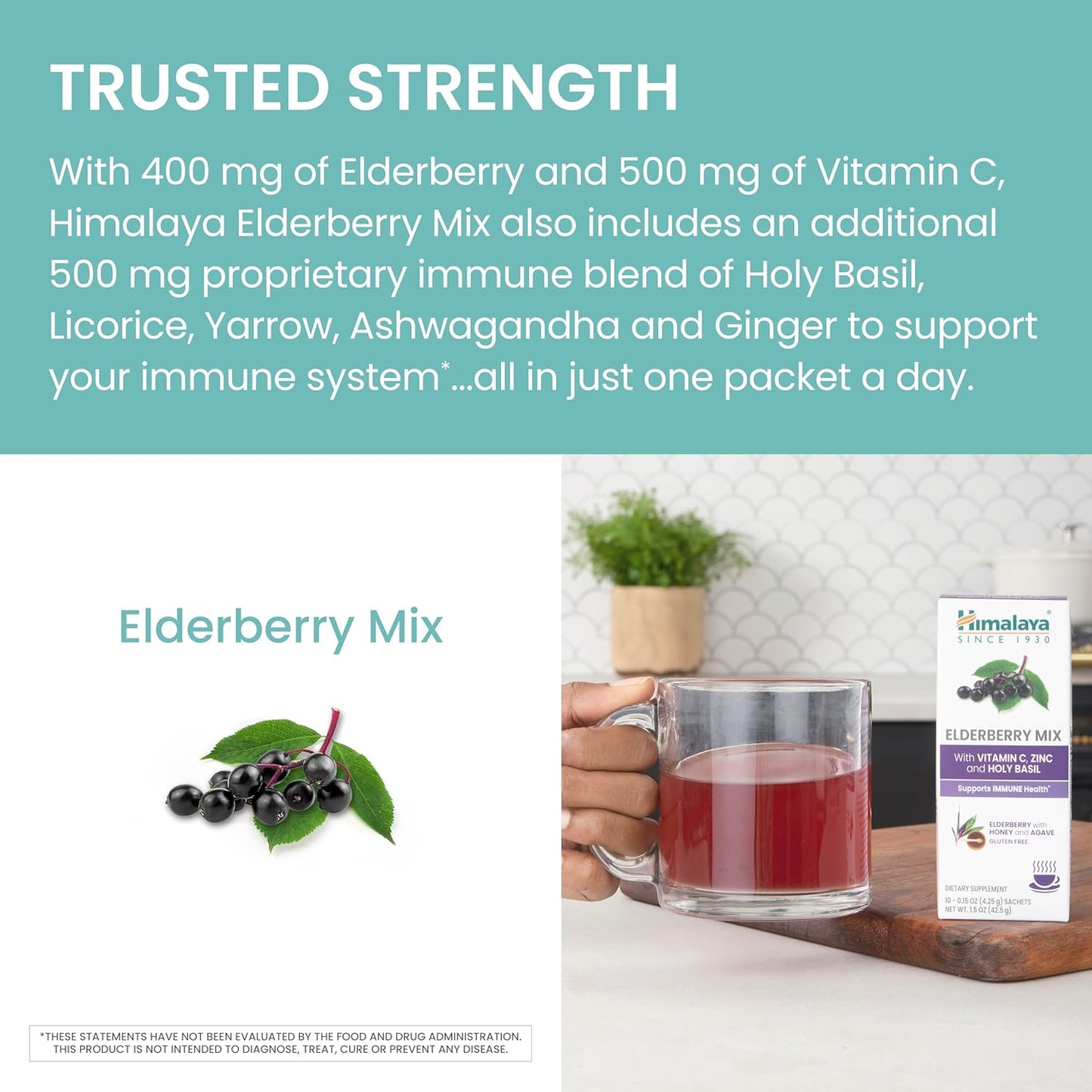 Elderberry Immune Support Mix with Zinc, Vitamin C, and Holy Basil - Caffeine Free Drink Supplement, 10 Packets, Gluten Free