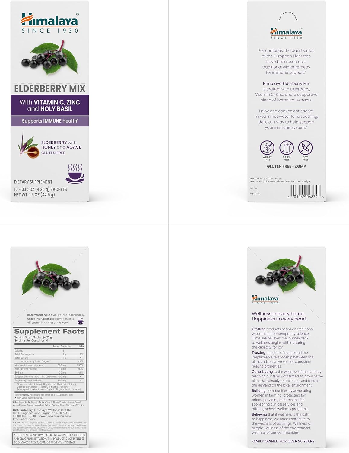 Elderberry Immune Support Mix with Zinc, Vitamin C, and Holy Basil - Caffeine Free Drink Supplement, 10 Packets, Gluten Free