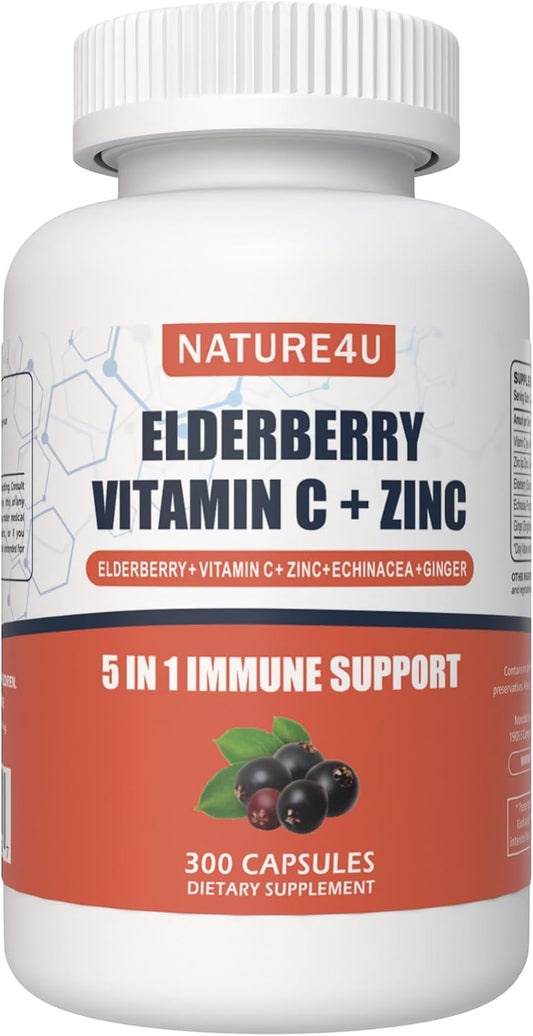 Elderberry Immune Support Supplement with Antioxidants, Vitamin C, Zinc - 300 Vegan Capsules - BoostGo Australia