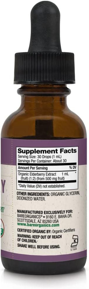 Elderberry Liquid Drops Herbal Supplement by BareOrganics - 1 Ounce