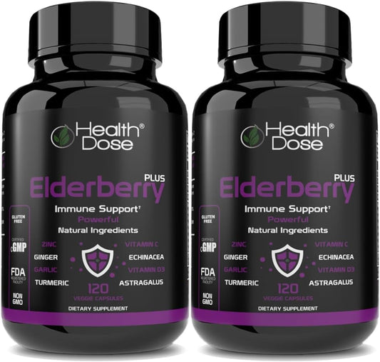 Elderberry Plus Capsules with Immune Support Vitamins C, D3, Zinc, and Selenium - 240 Veggie Capsules for Wellness