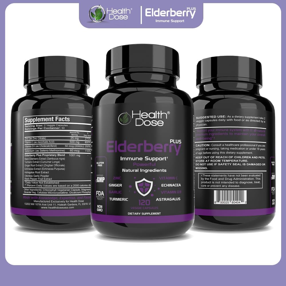 Elderberry Plus Capsules with Immune Support Vitamins C, D3, Zinc, and Selenium - 240 Veggie Capsules for Wellness