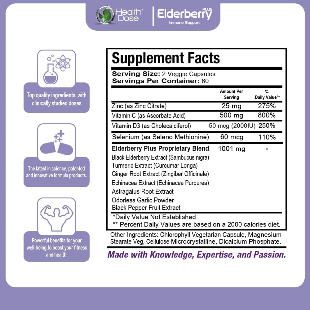 Elderberry Plus Capsules with Immune Support Vitamins C, D3, Zinc, and Selenium - 240 Veggie Capsules for Wellness