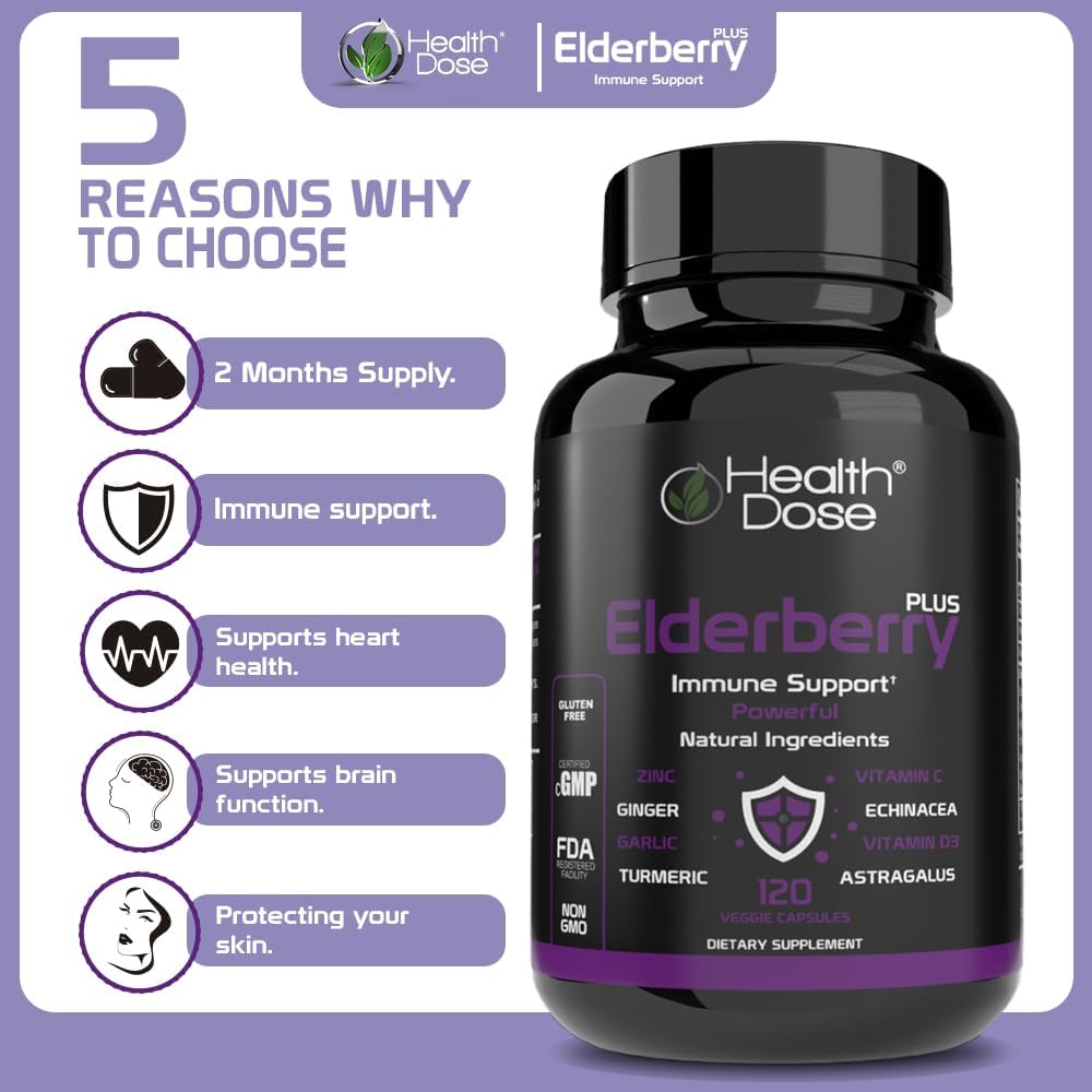 Elderberry Plus Capsules with Immune Support Vitamins C, D3, Zinc, and Selenium - 240 Veggie Capsules for Wellness