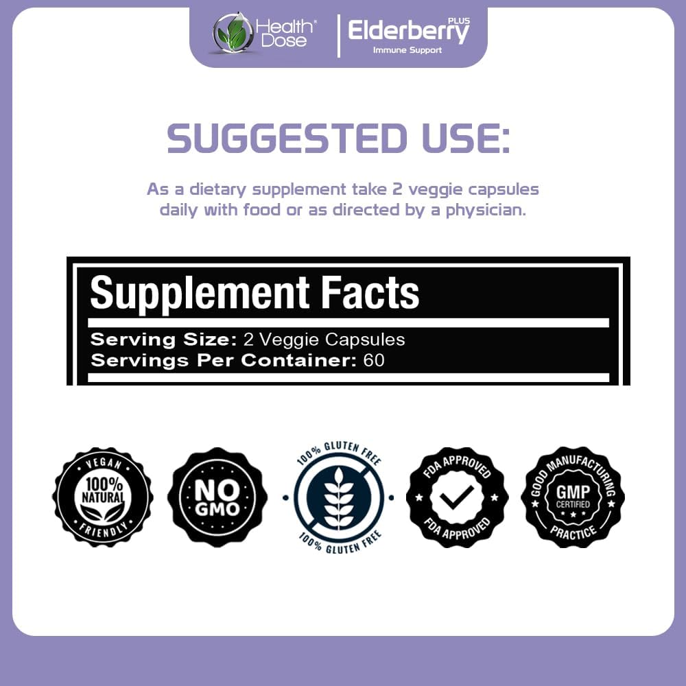 Elderberry Plus Capsules with Immune Support Vitamins C, D3, Zinc, and Selenium - 240 Veggie Capsules for Wellness