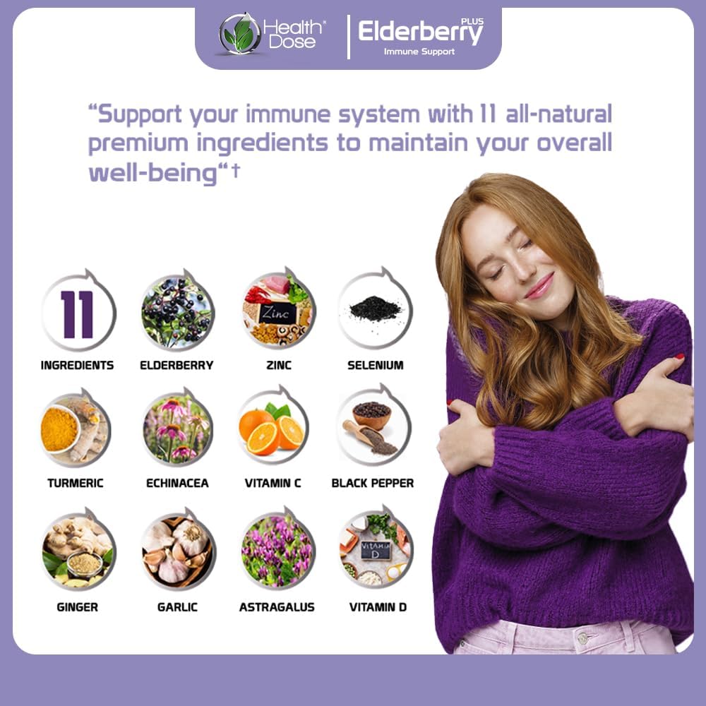 Elderberry Plus Capsules with Immune Support Vitamins C, D3, Zinc, and Selenium - 240 Veggie Capsules for Wellness