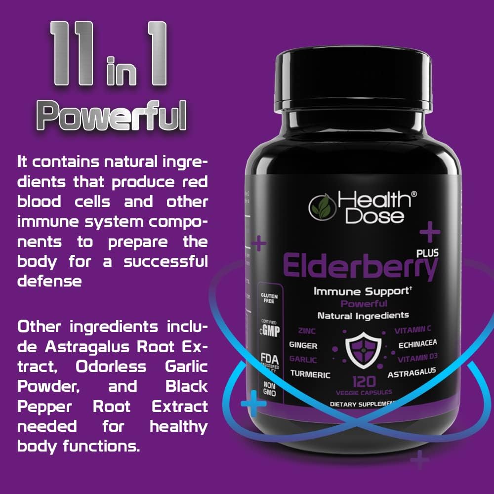 Elderberry Plus Capsules with Immune Support Vitamins C, D3, Zinc, and Selenium - 240 Veggie Capsules for Wellness