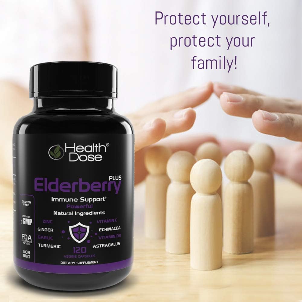 Elderberry Plus Capsules with Immune Support Vitamins C, D3, Zinc, and Selenium - 240 Veggie Capsules for Wellness