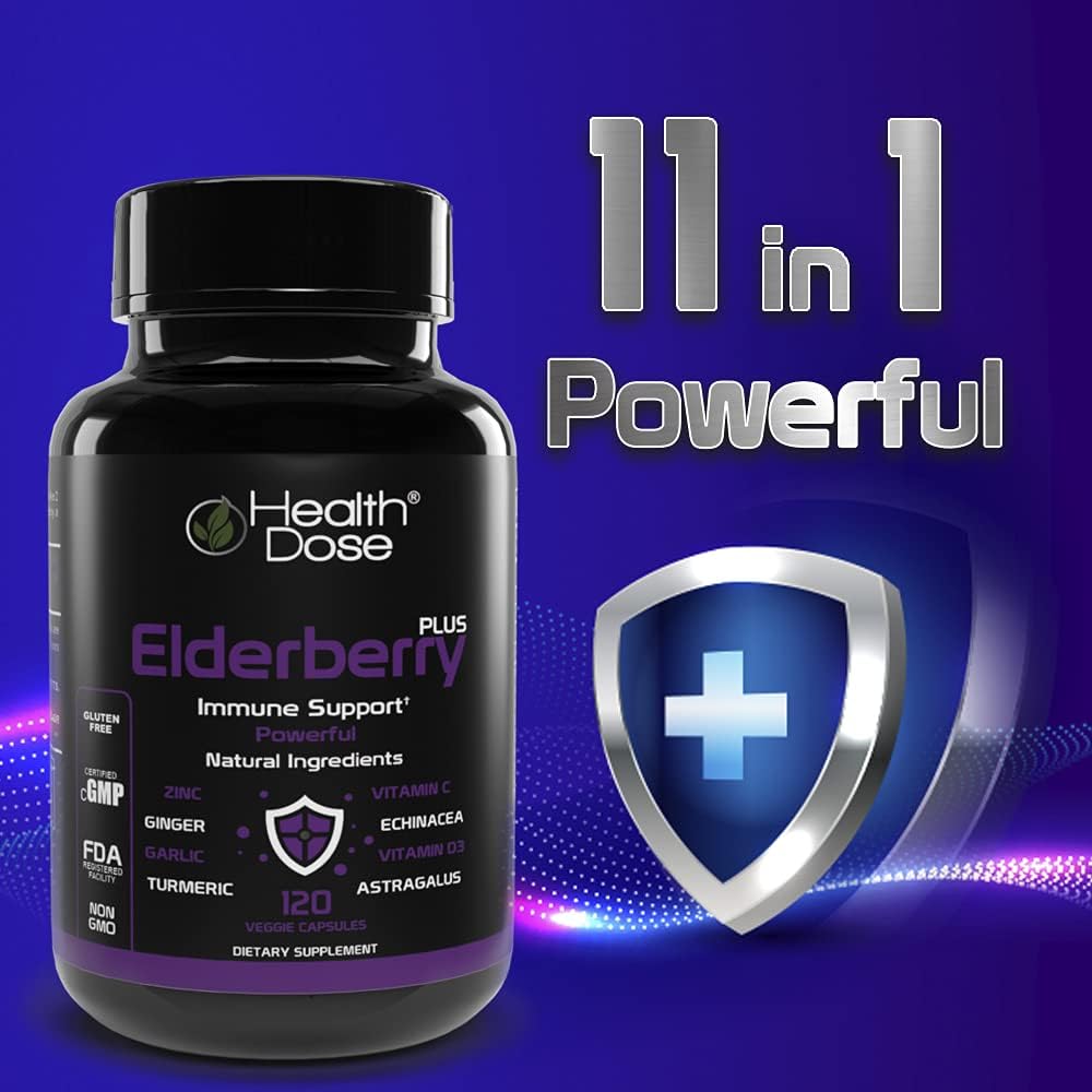 Elderberry Plus Capsules with Immune Support Vitamins C, D3, Zinc, and Selenium - 240 Veggie Capsules for Wellness