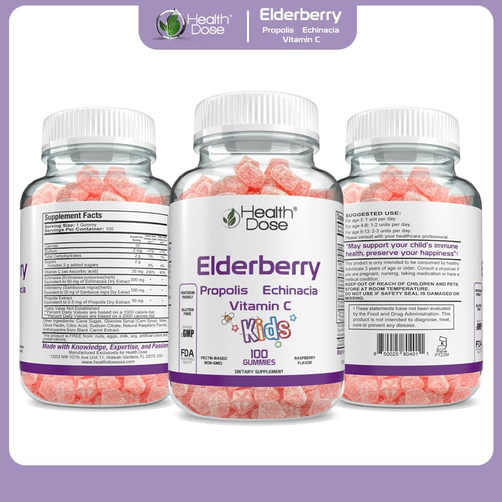 Elderberry Sambucus Gummy Vitamins for Kids with Propolis, Echinacea, Vitamin C - Raspberry Flavor, Vegan, Gluten-Free - Immune Support Booster, 100 Gummies