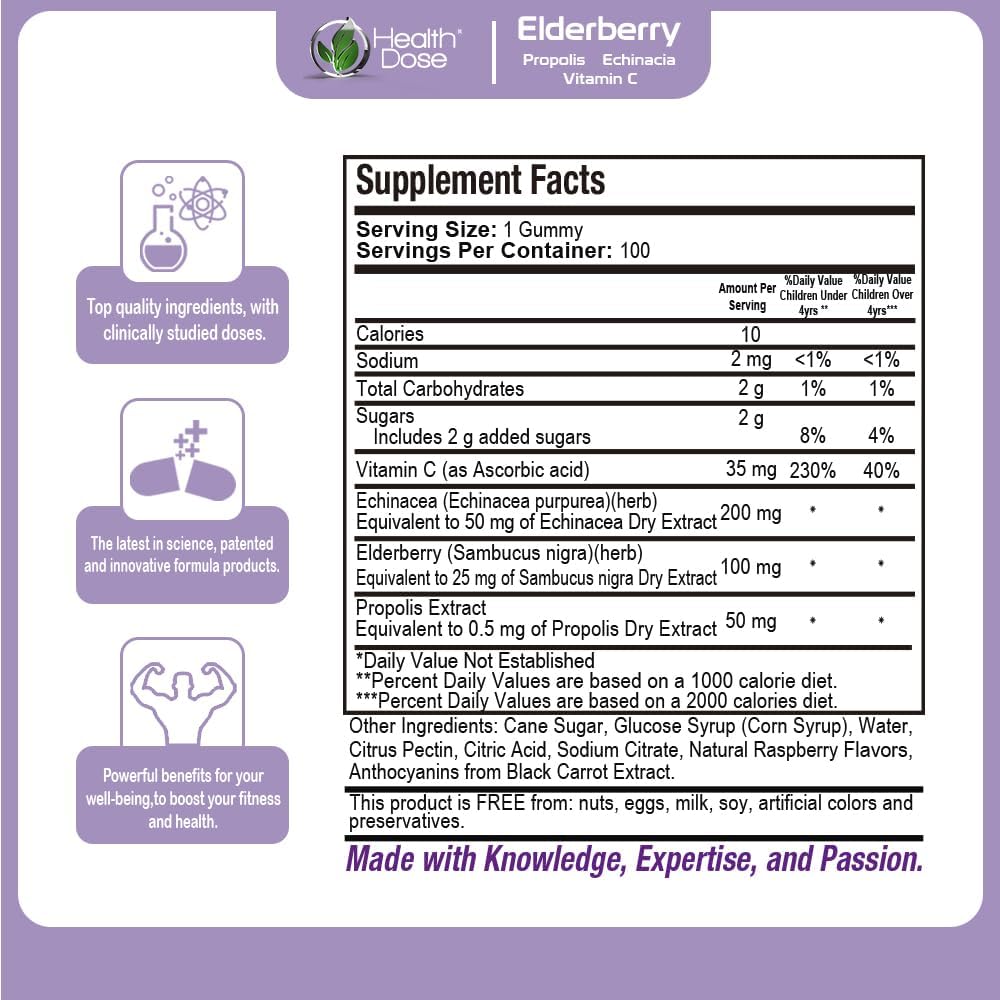 Elderberry Sambucus Gummy Vitamins for Kids with Propolis, Echinacea, Vitamin C - Raspberry Flavor, Vegan, Gluten-Free - Immune Support Booster, 100 Gummies