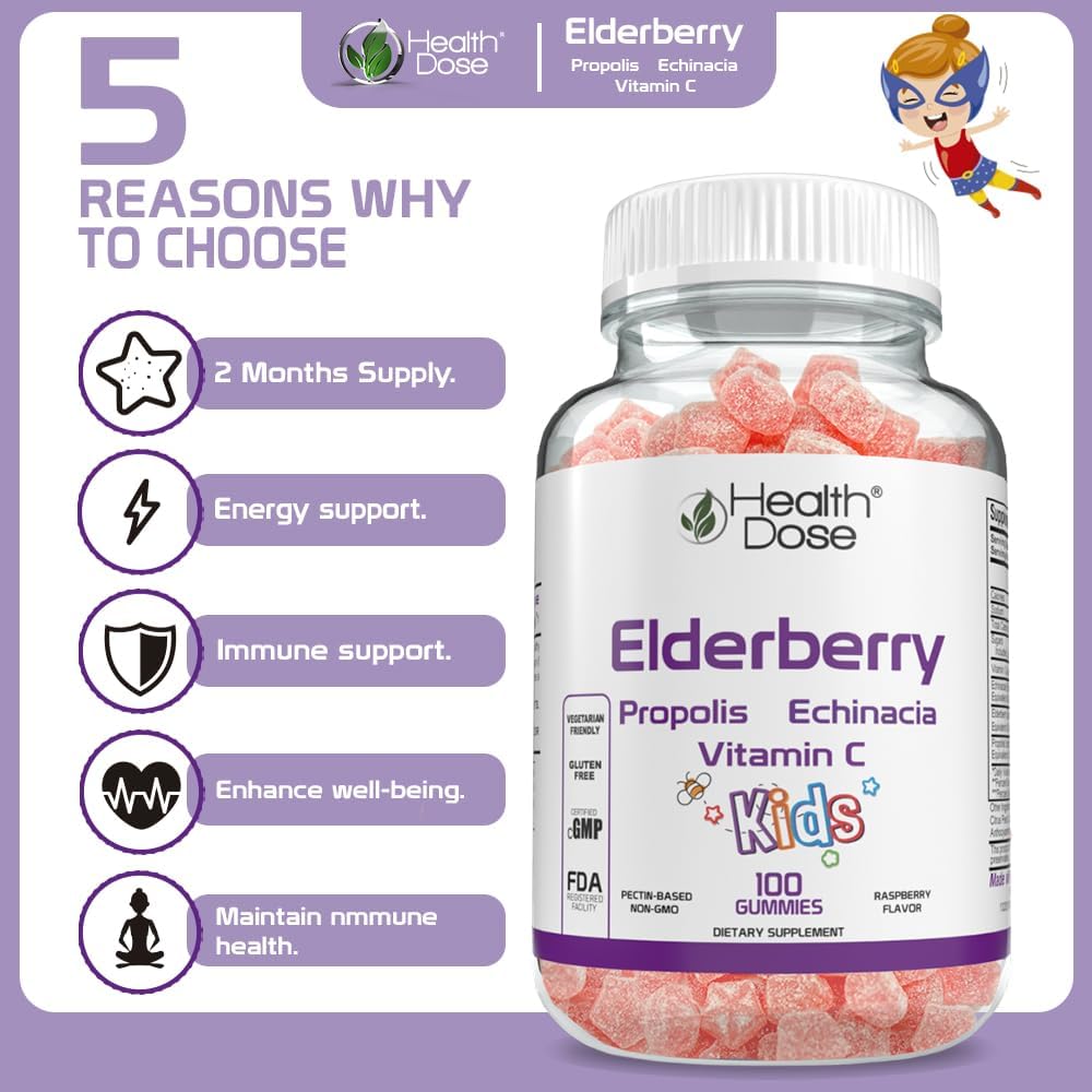 Elderberry Sambucus Gummy Vitamins for Kids with Propolis, Echinacea, Vitamin C - Raspberry Flavor, Vegan, Gluten-Free - Immune Support Booster, 100 Gummies
