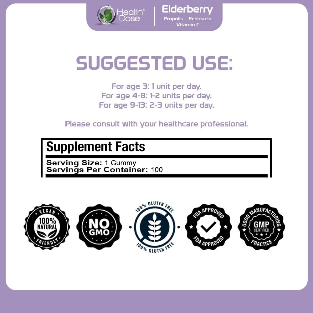 Elderberry Sambucus Gummy Vitamins for Kids with Propolis, Echinacea, Vitamin C - Raspberry Flavor, Vegan, Gluten-Free - Immune Support Booster, 100 Gummies