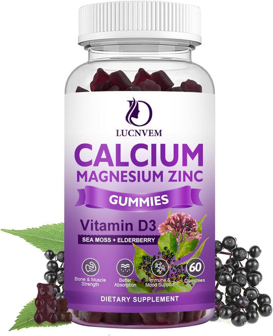 Elderberry Sea Moss Gummies with Calcium, Magnesium, and Zinc - Vitamin D3 for Bones, Muscles, Mood & Sleep - 60 Sugar-Free Gummies