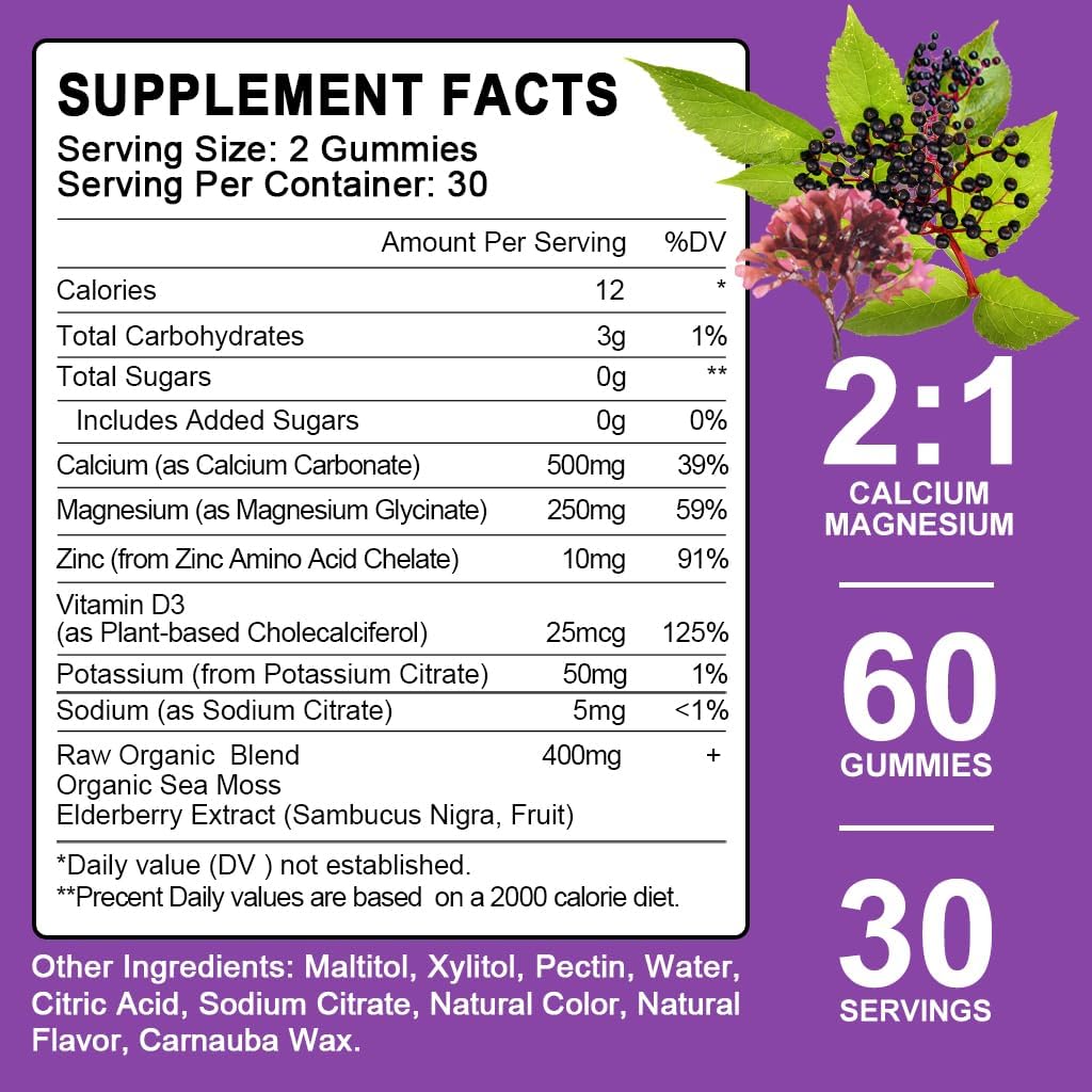 Elderberry Sea Moss Gummies with Calcium, Magnesium, and Zinc - Vitamin D3 for Bones, Muscles, Mood & Sleep - 60 Sugar-Free Gummies
