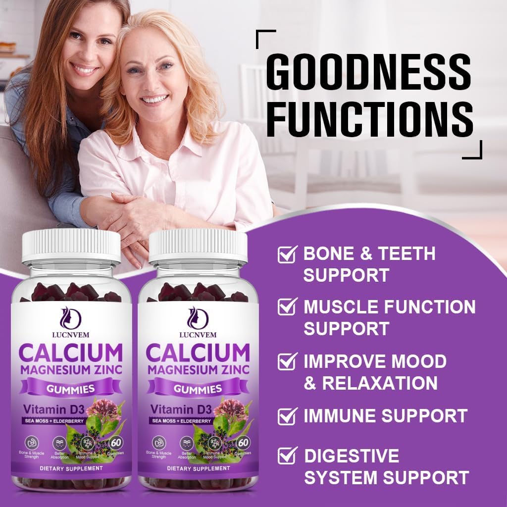Elderberry Sea Moss Gummies with Calcium, Magnesium, and Zinc - Vitamin D3 for Bones, Muscles, Mood & Sleep - 60 Sugar-Free Gummies