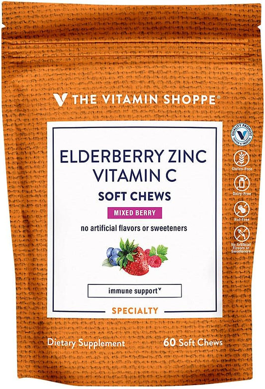 Elderberry, Zinc, and Vitamin C Soft Chews for Immune Support - Mixed Berry Flavor - 60 Soft Chews