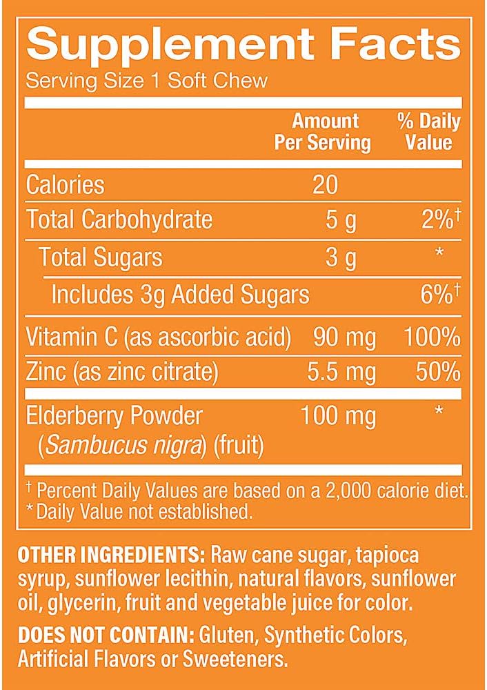 Elderberry, Zinc, and Vitamin C Soft Chews for Immune Support - Mixed Berry Flavor - 60 Soft Chews
