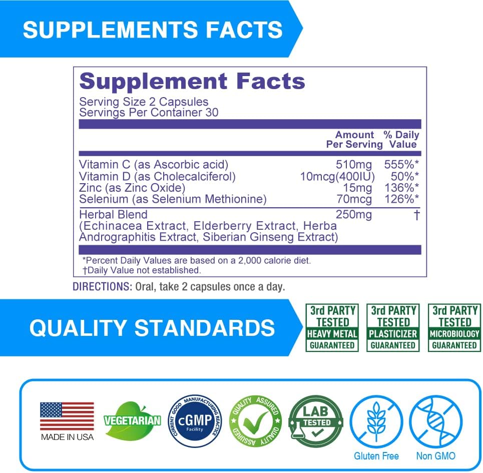 Elderberry Zinc Vitamin C D Selenium Echinacea Andrographis Siberian Ginseng Immune Support Supplement