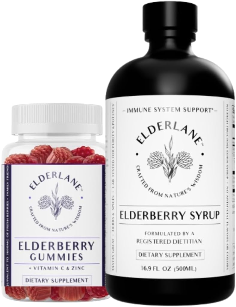 Elderlane Immune Support Supplement Bundle - Elderberry Syrup and Gummies for Adults and Kids - 16.9 Oz Syrup and 60ct Gummies