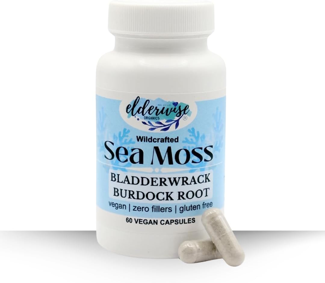 Elderwise Organics Sea Moss Capsules with Burdockroot & Bladderwrack - 60 Vegan Capsules - 30 Day Supply - 1400mg - Superfood Supplement