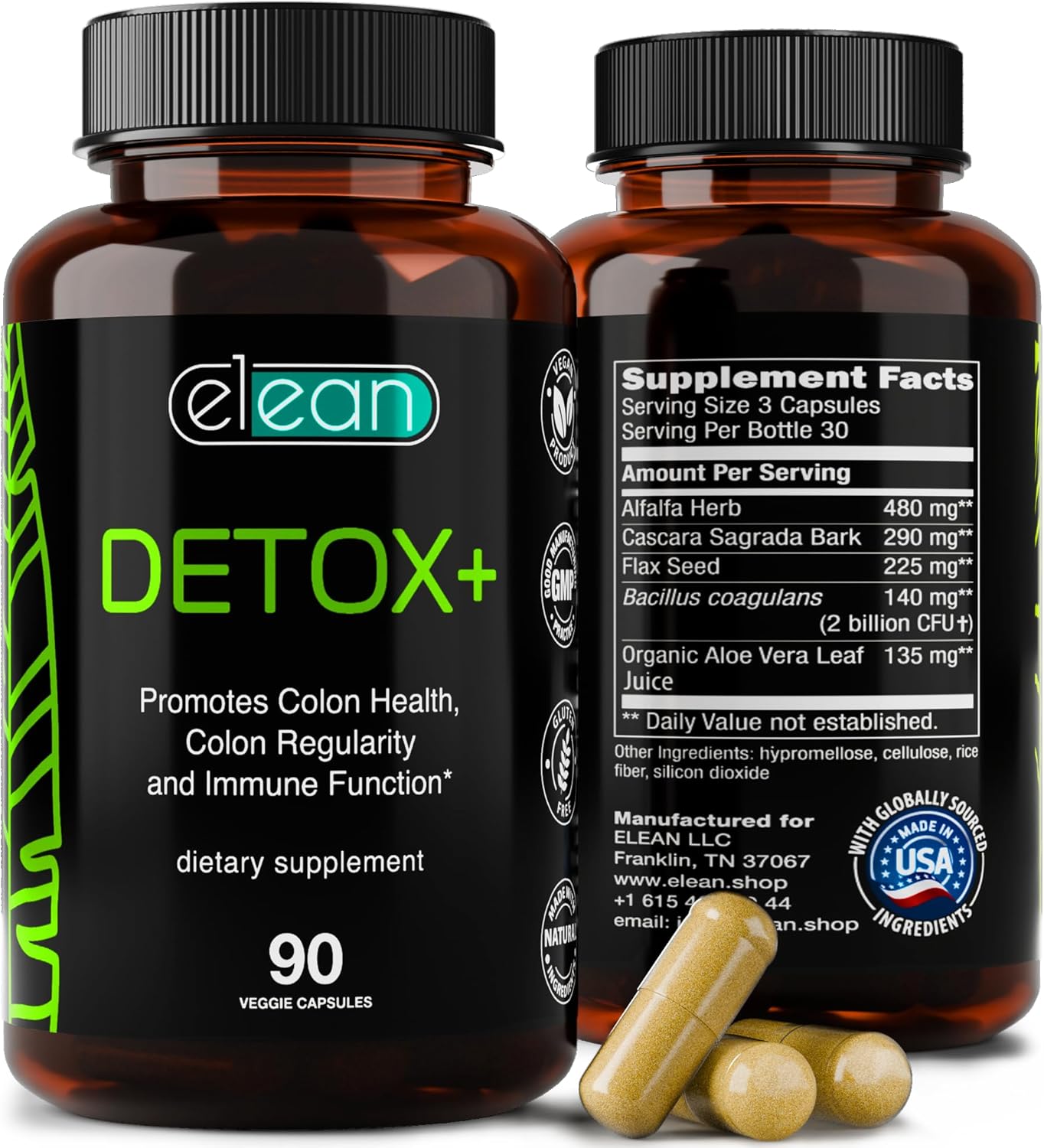 ELEAN Detox Plus Capsules with Probiotic, Alfalfa, Flax Seed, Aloe Vera for Colon Cleanse and Digestive Health - 90 Capsules