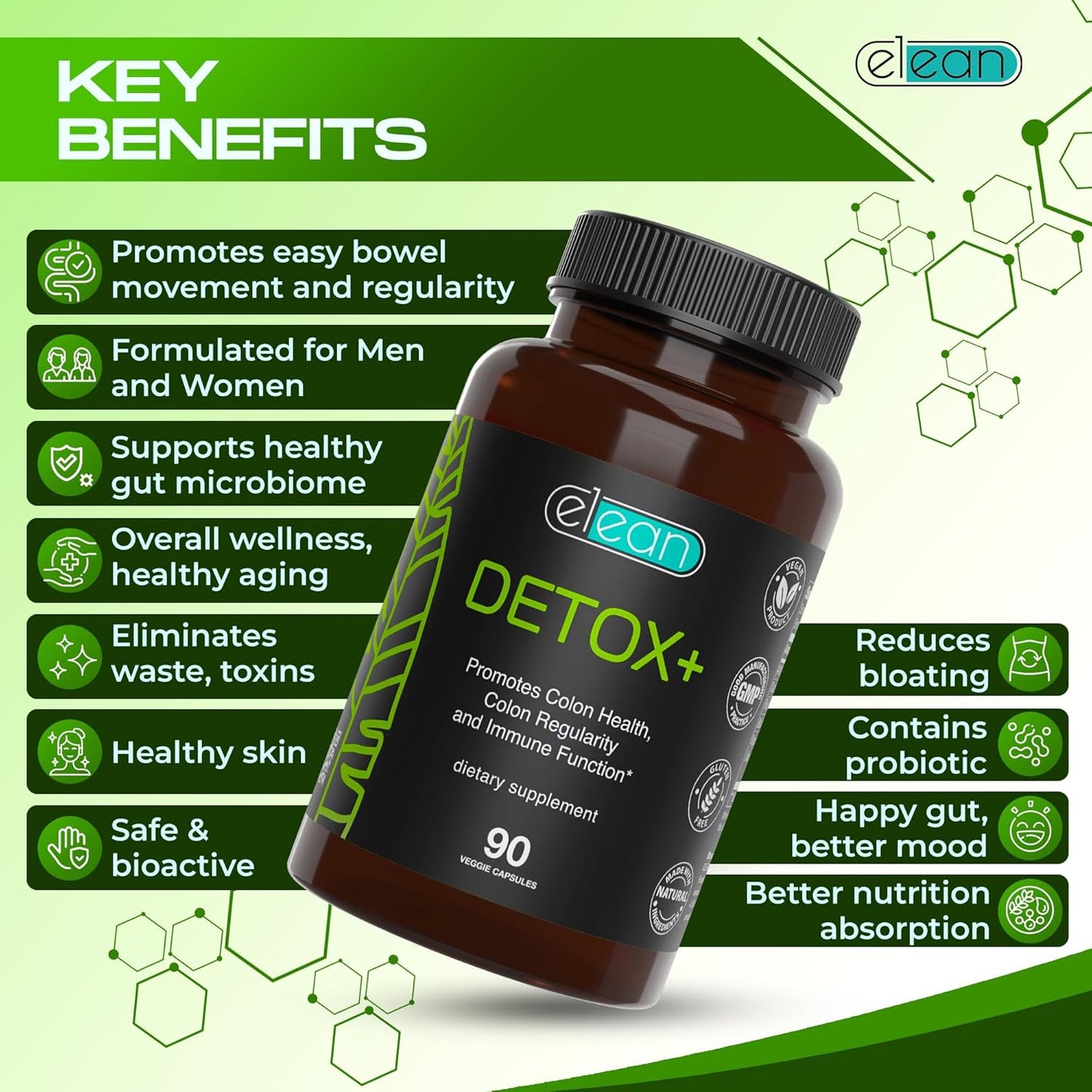 ELEAN Detox Plus Capsules with Probiotic, Alfalfa, Flax Seed, Aloe Vera for Colon Cleanse and Digestive Health - 90 Capsules
