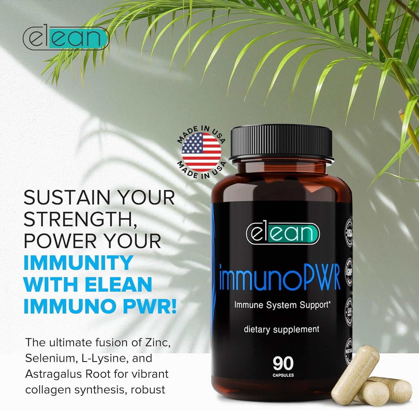 ELEAN Immuno PWR: Zinc, Selenium, Lysine, Astragalus for Collagen, Thyroid, Energy - 90 Veg Capsules