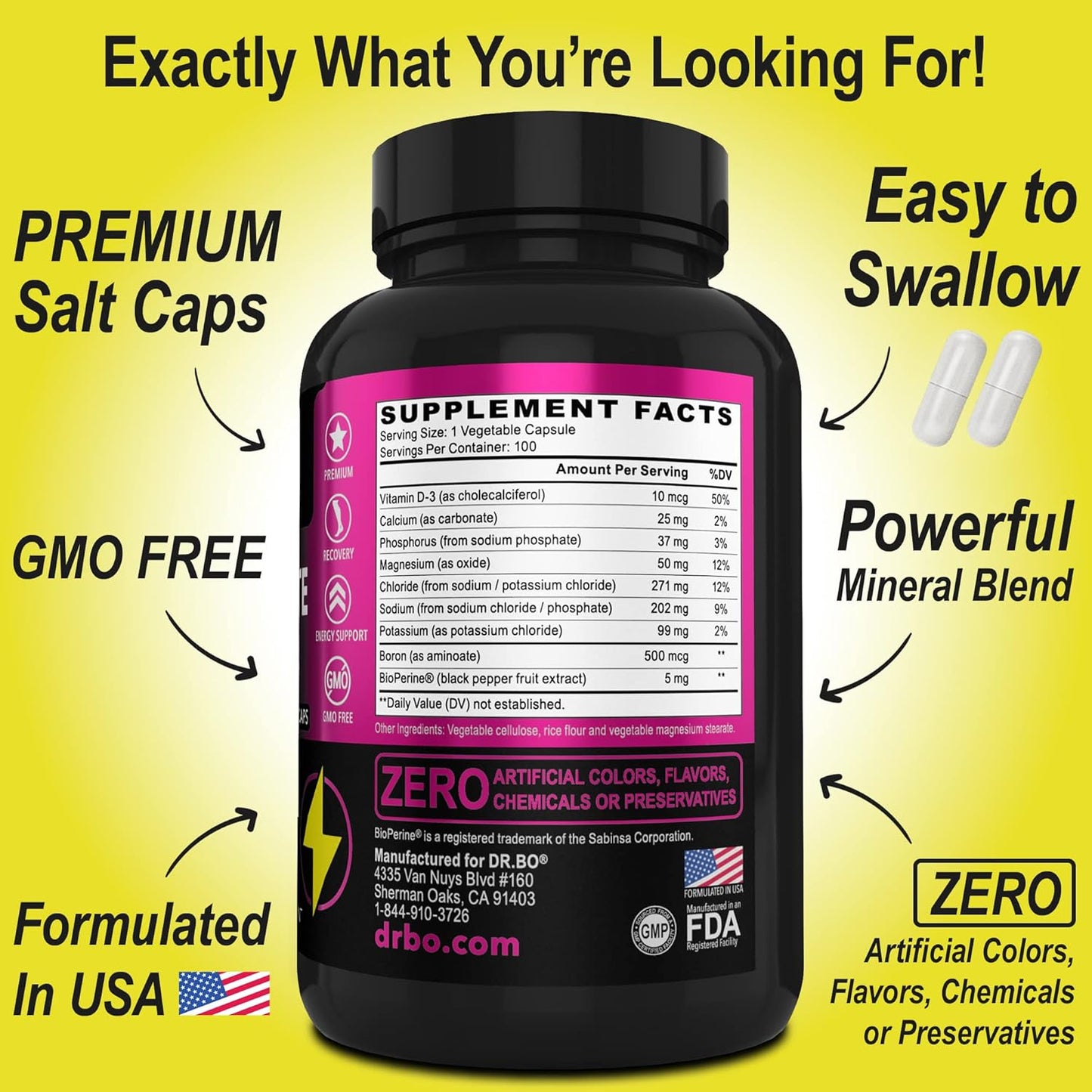Electrolyte Pills with Zinc - Potassium, Magnesium, Sodium, Chloride, Calcium Salts - 50mg Zinc Supplement Tablets