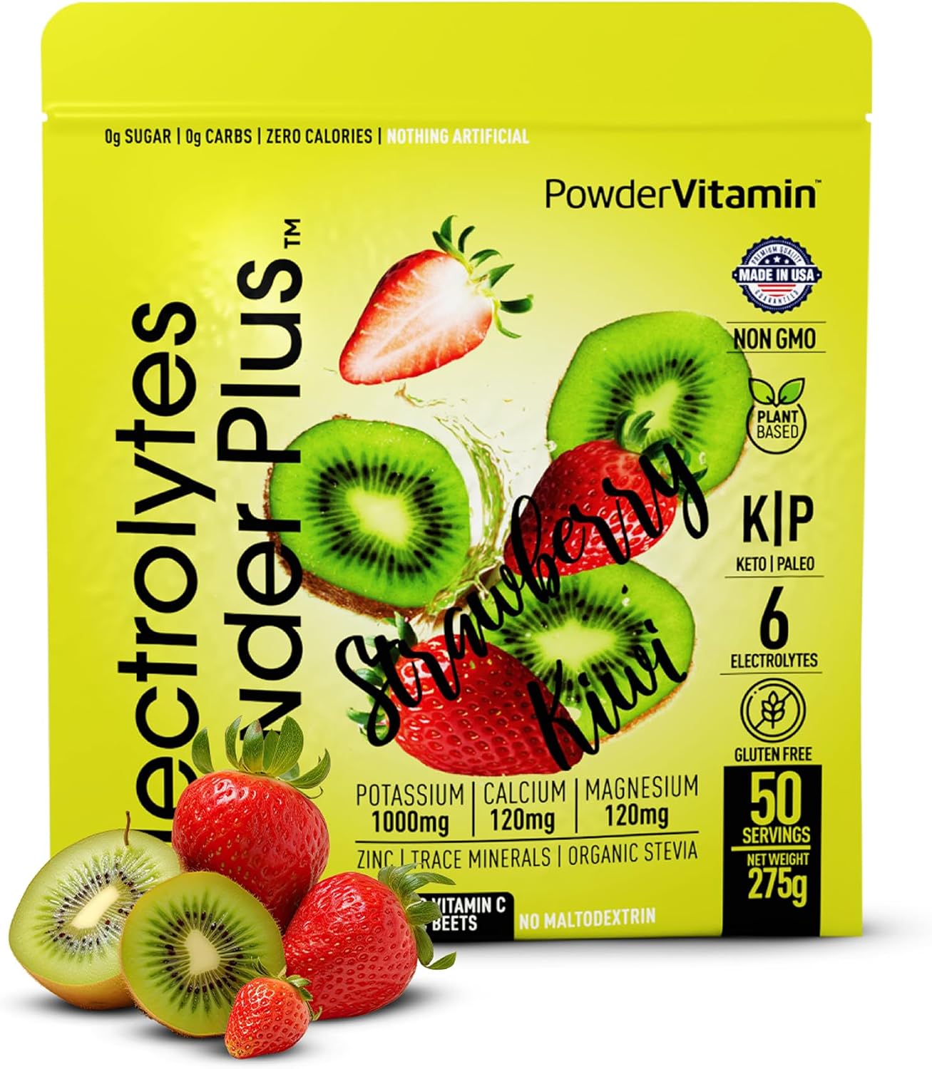 Electrolyte Powder with Vitamins (50 Servings, Strawberry Kiwi Flavor) - Zero Calorie, Keto-Friendly, Sugar-Free, Hydration Support